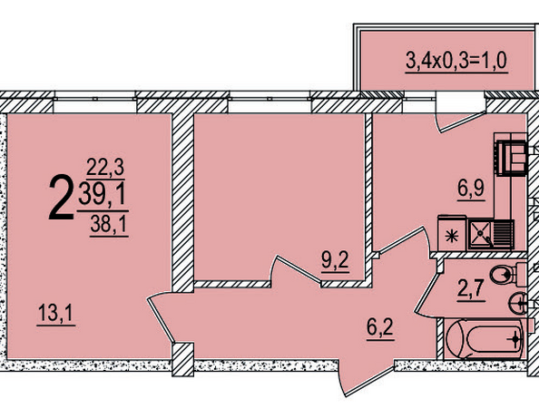 Планировка 2-комн 39,1 м²