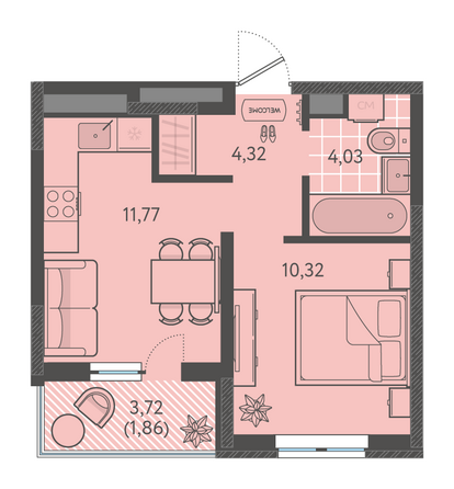 Планировка 1-комн 32 - 32,45 м²