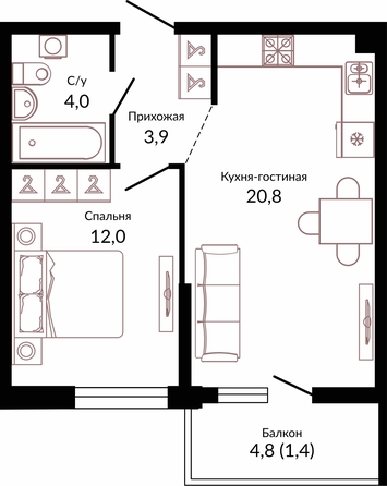 Планировка 1-комн 41,2 м²
