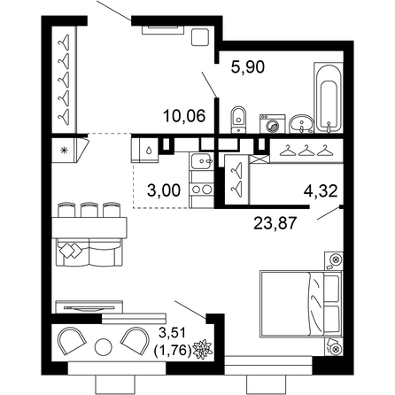 Планировка 1-комн 48,9 м²