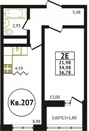 Планировка 1-комн 36,78 м²