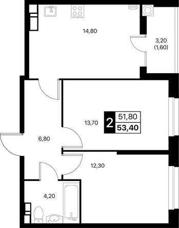 Планировка 2-комн 53,4, 53,8 м²