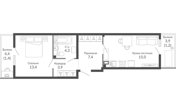 Планировка 1-комн 46,5 м²