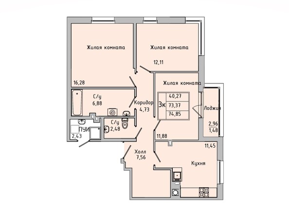 Планировка 3-комн 74,85 м²