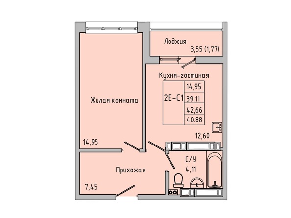 Планировка 2-комн 40,88 - 41,93 м²