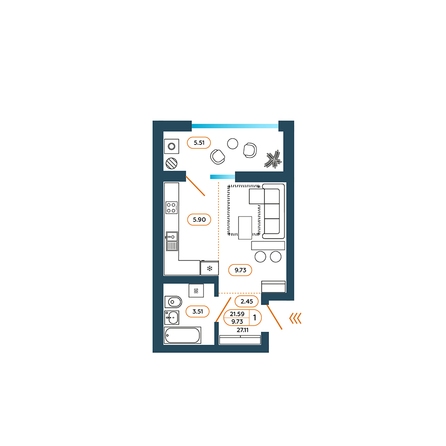 Планировка Студия 27,11 м²