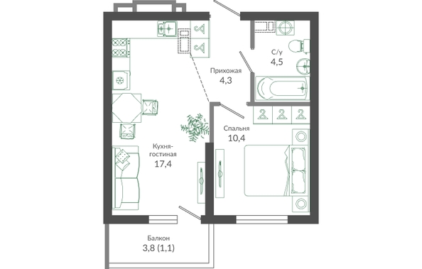 Планировка 1-комн 37 - 37,9 м²