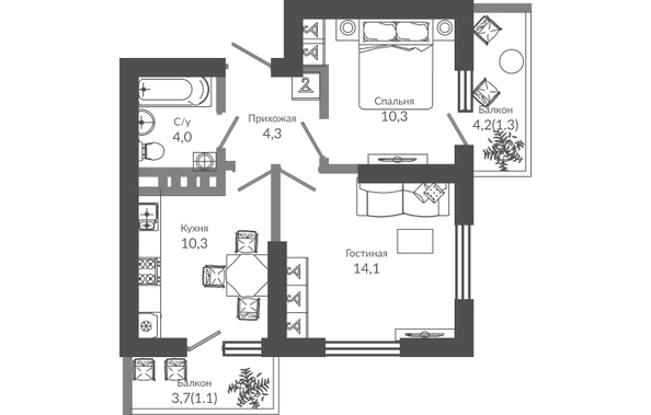 Планировка 2-комн 45,4 м²
