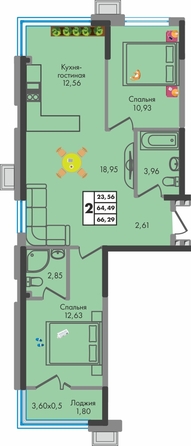 Планировка 2-комн 66,29 м²