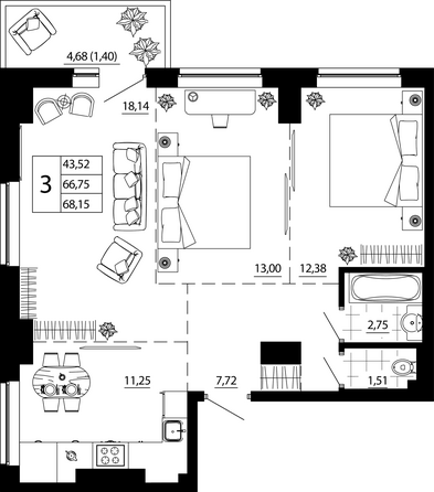 Планировка 3-комн 67,97 м²