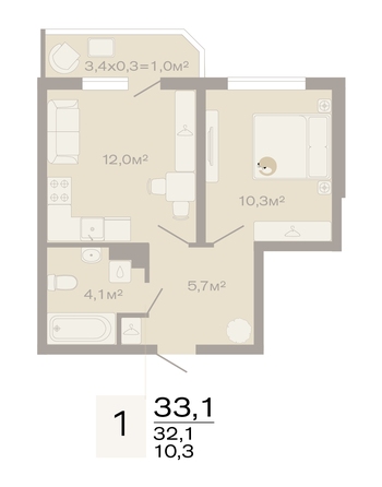 Планировка 1-комн 33,1 м²