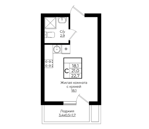 Планировка Студия 22,7 м²