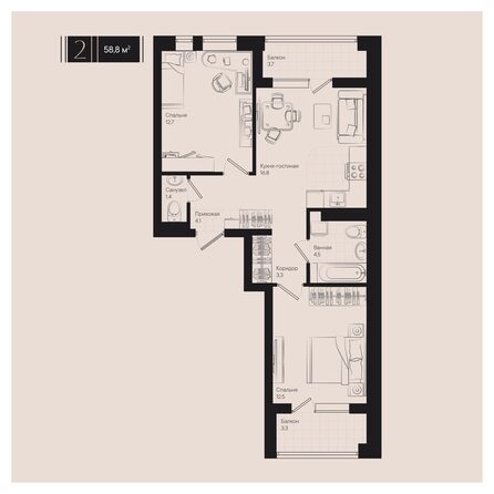 Планировка 2-комн 58,8 м²