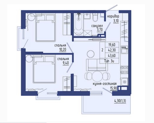 Планировка 3-комн 43,6 м²