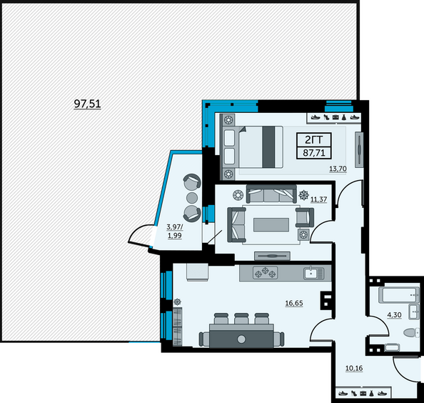 Планировка 2-комн 87,71 м²