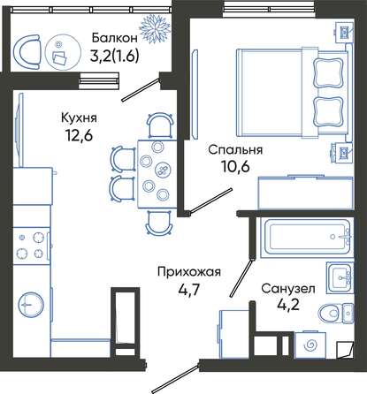 Планировка 1-комн 32,9 - 34,4 м²