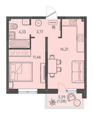Планировка 1-комн 36,52 м²