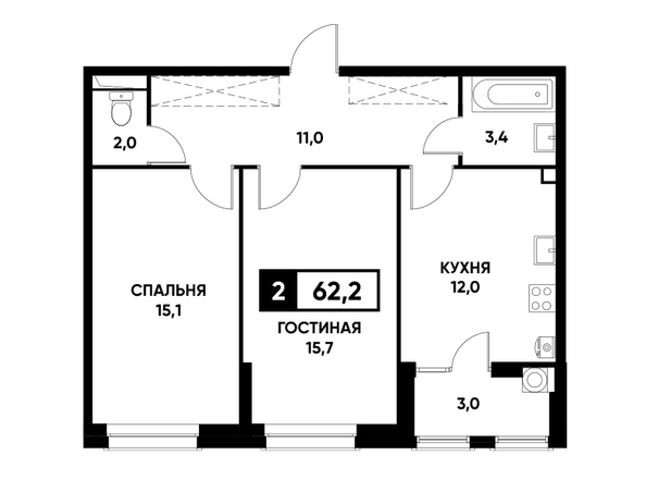 Планировка 2-комн 62,2 м²