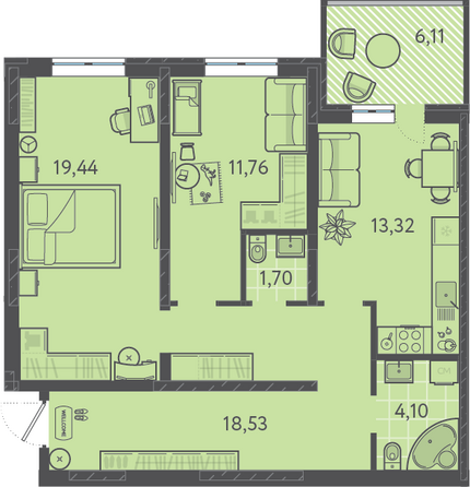 Планировка 2-комн 70,68 м²