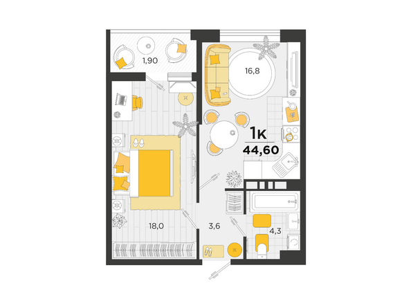 Планировка 1-комн 44,6 м²