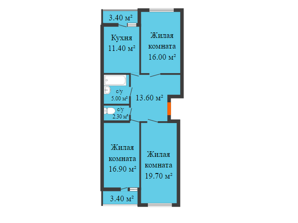 Планировка 3-комн 87,6 - 89,7 м²