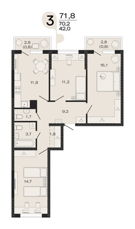 Планировка 3-комн 71,8 м²