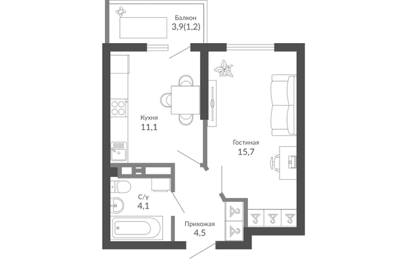 Планировка 1-комн 36,6 м²