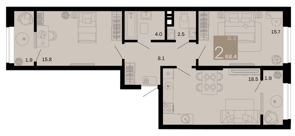 Планировка 2-комн 68,4 м²
