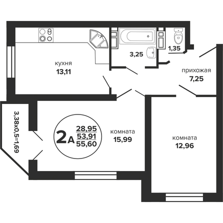 Планировка 2-комн 55,6 м²