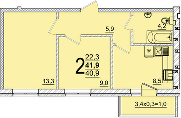 Планировка 2-комн 41,9 м²
