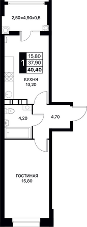 Планировка 1-комн 40,4, 40,8 м²