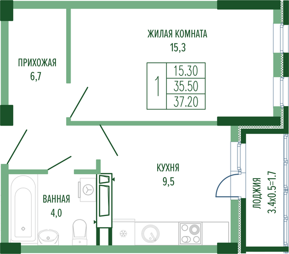 Планировка 1-комн 37,2 м²