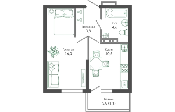 Планировка 1-комн 36,3, 36,4 м²