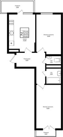 Планировка 2-комн 59,6 м²