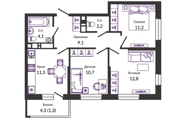 Планировка 3-комн 62,9, 63,5 м²