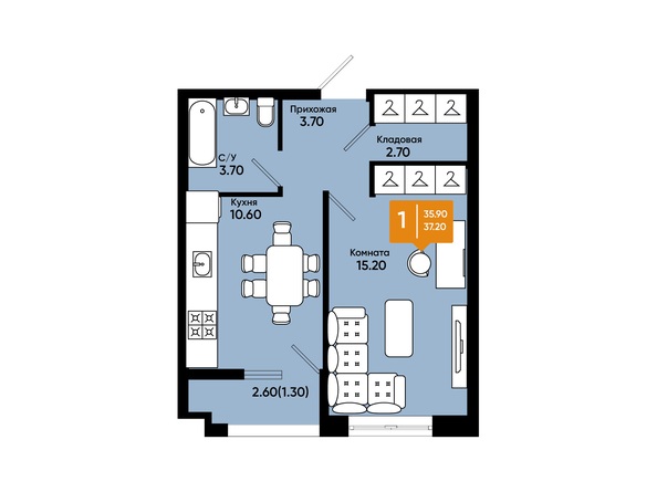Планировка 1-комн 37,2 м²