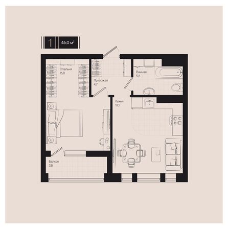 Планировка 1-комн 46 м²