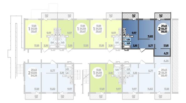 Планировка 2-комн 58,55 м²