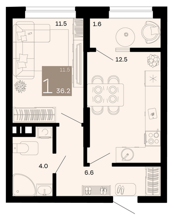 Планировка 1-комн 36,2 м²