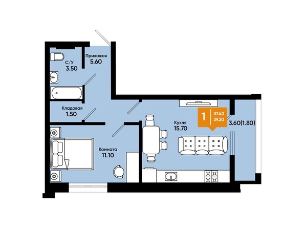 Планировка 1-комн 39,2 м²