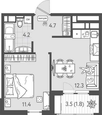 Планировка 1-комн 34,4 м²