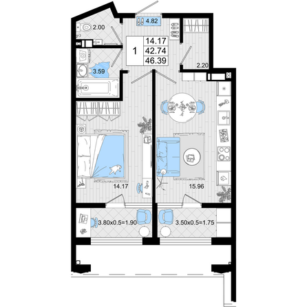 Планировка 1-комн 46,39 м²