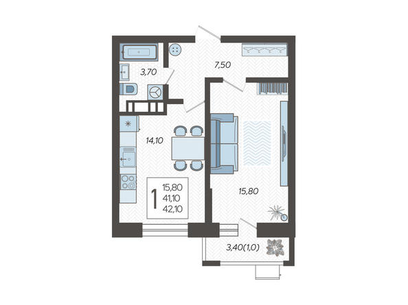 Планировка 1-комн 42,1 м²