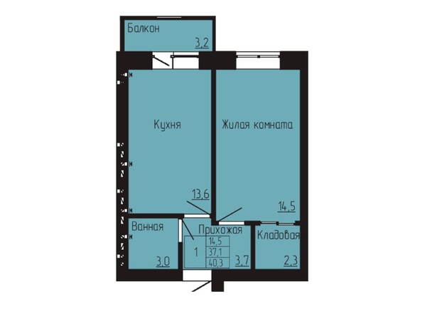 Планировка 1-комн 40,3, 44,9 м²
