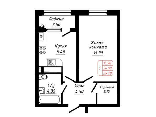 Планировка 1-комн 39,7 м²