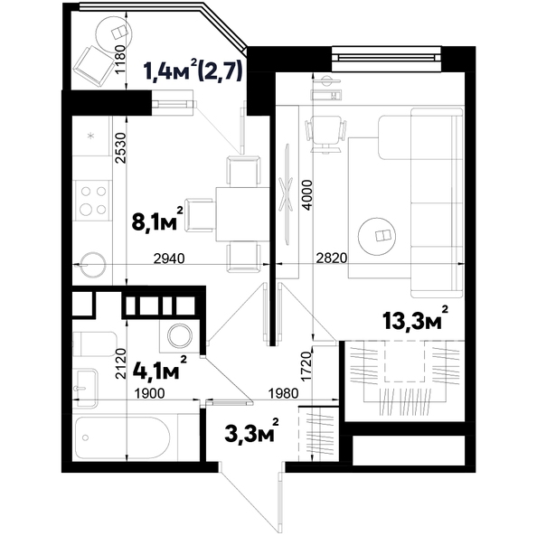 Планировка 1-комн 31,2 м²