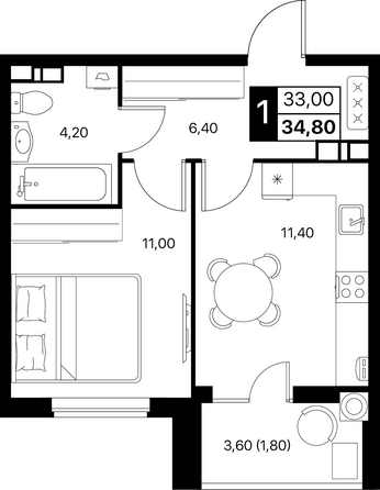 Планировка 1-комн 34,8, 35,1 м²