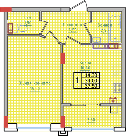 Планировка 1-комн 37,5 м²