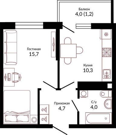 Планировка 1-комн 35,9 м²