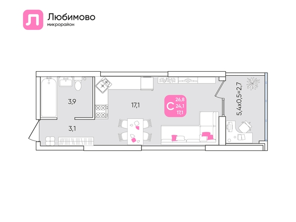 Планировка 1-комн 26,6, 26,8 м²